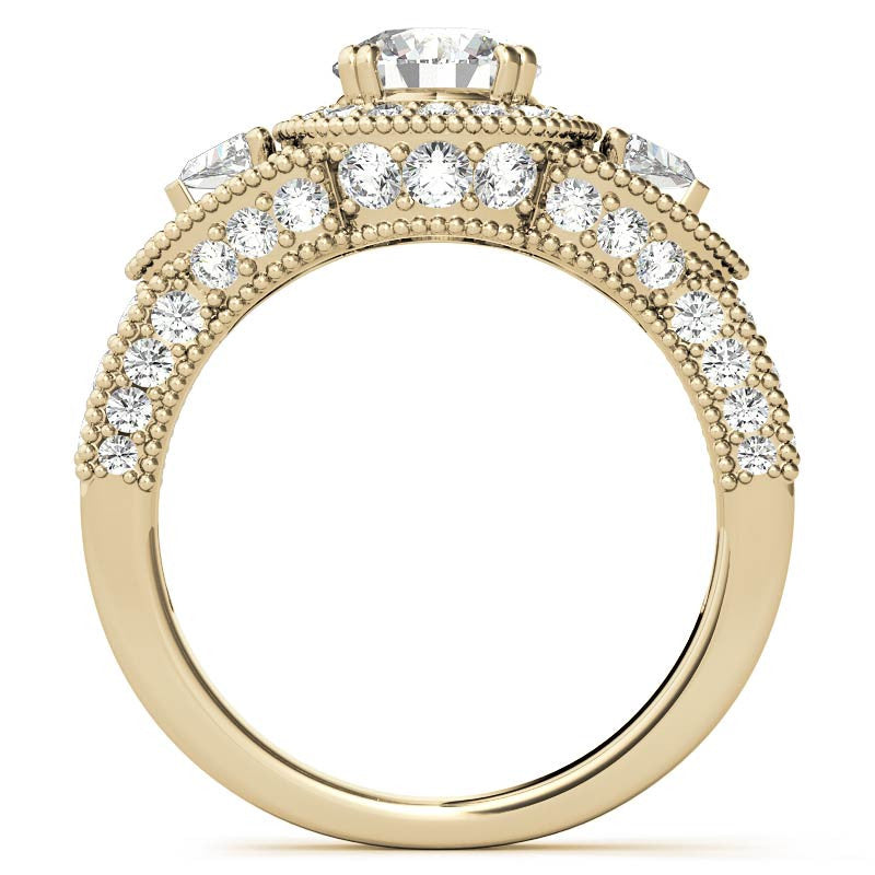Round & Triangle Three-Stone Halo Moissanite Engagement Ring