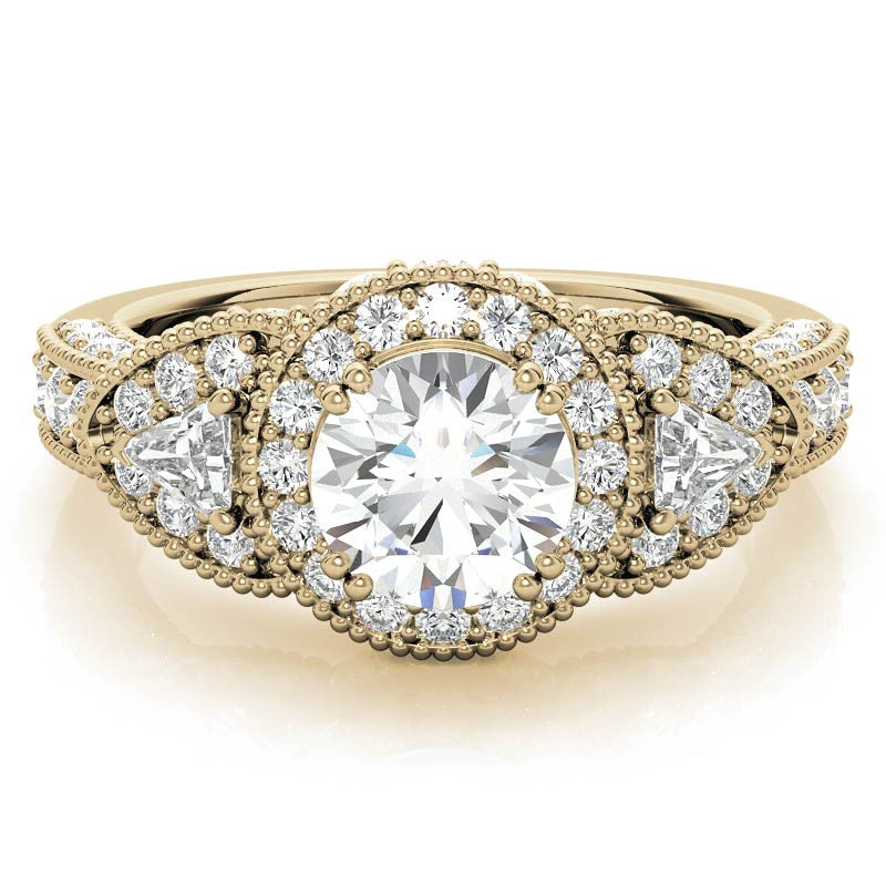 Round & Triangle Three-Stone Halo Moissanite Engagement Ring