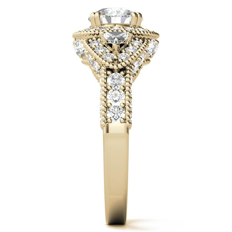 Round & Triangle Three-Stone Halo Moissanite Engagement Ring