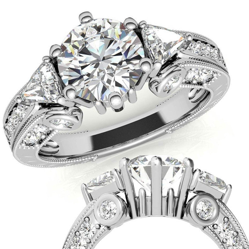 Round and Trillion Antique Moissanite Engagement Ring