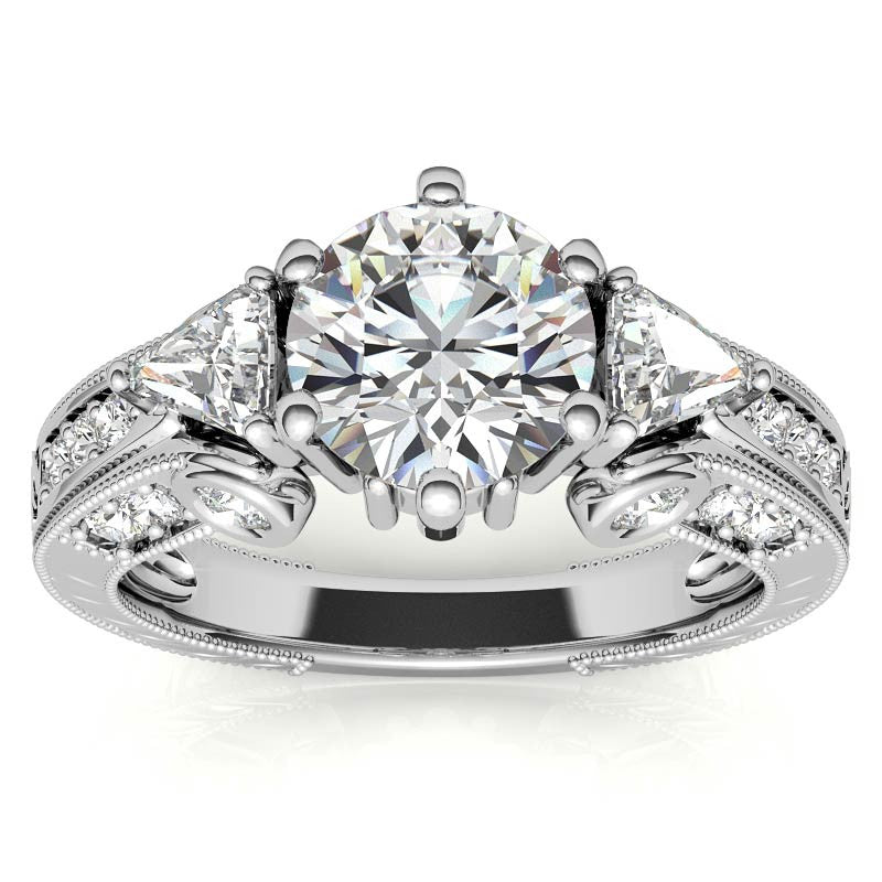 Round and Trillion Antique Moissanite Engagement Ring
