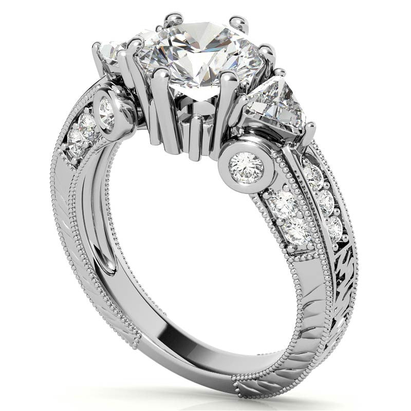 Round and Trillion Antique Moissanite Engagement Ring
