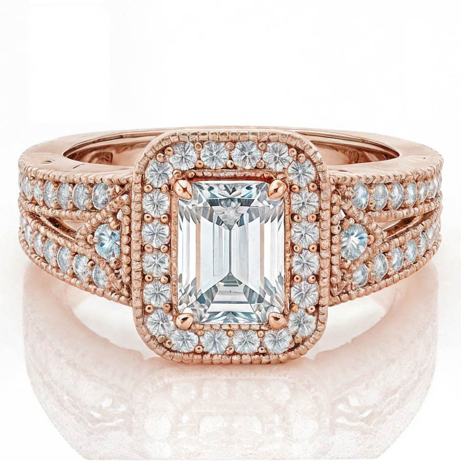 Radiant/Emerald Halo Antique Moissanite Engagement Ring