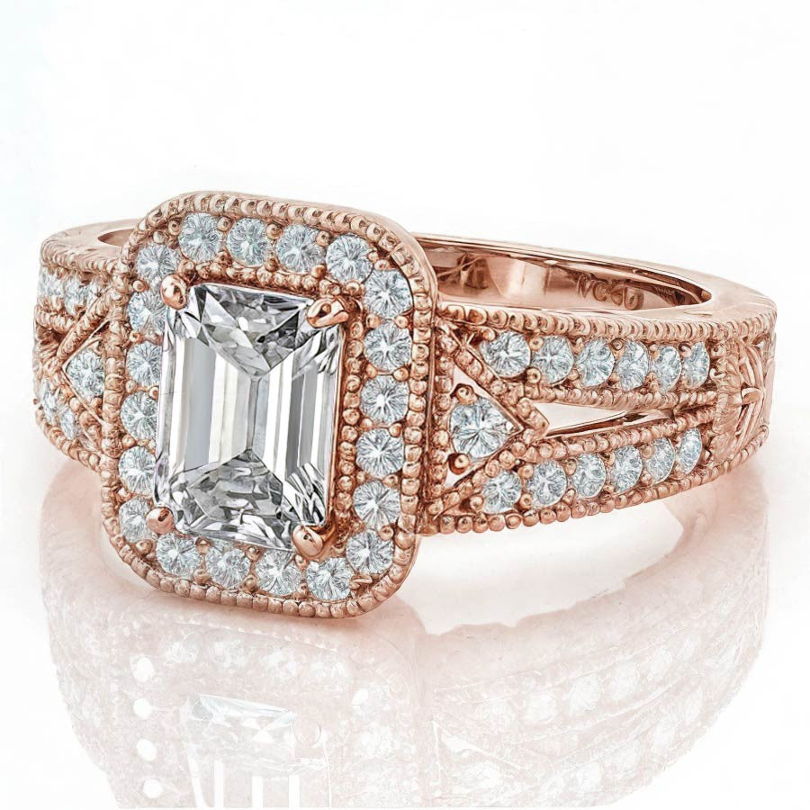 Radiant/Emerald Halo Antique Moissanite Engagement Ring