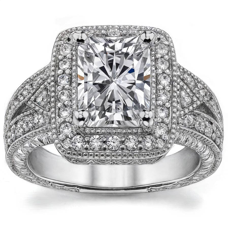 Radiant/Emerald Halo Antique Moissanite Engagement Ring