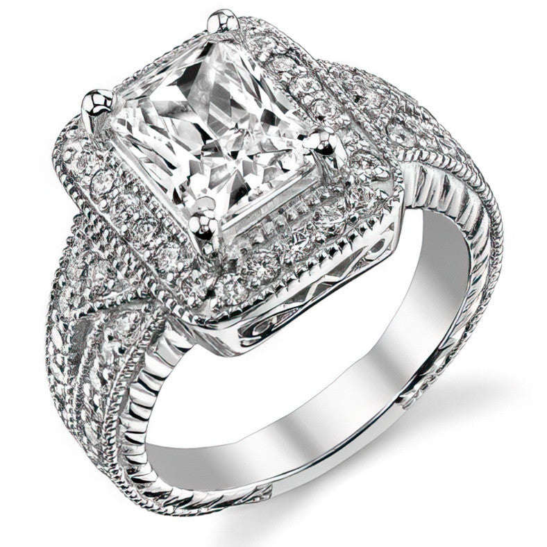 Radiant/Emerald Halo Antique Moissanite Engagement Ring