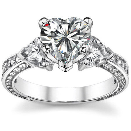 Moissanite with Heart Side Stones Engagement Ring Setting, 1.0ct