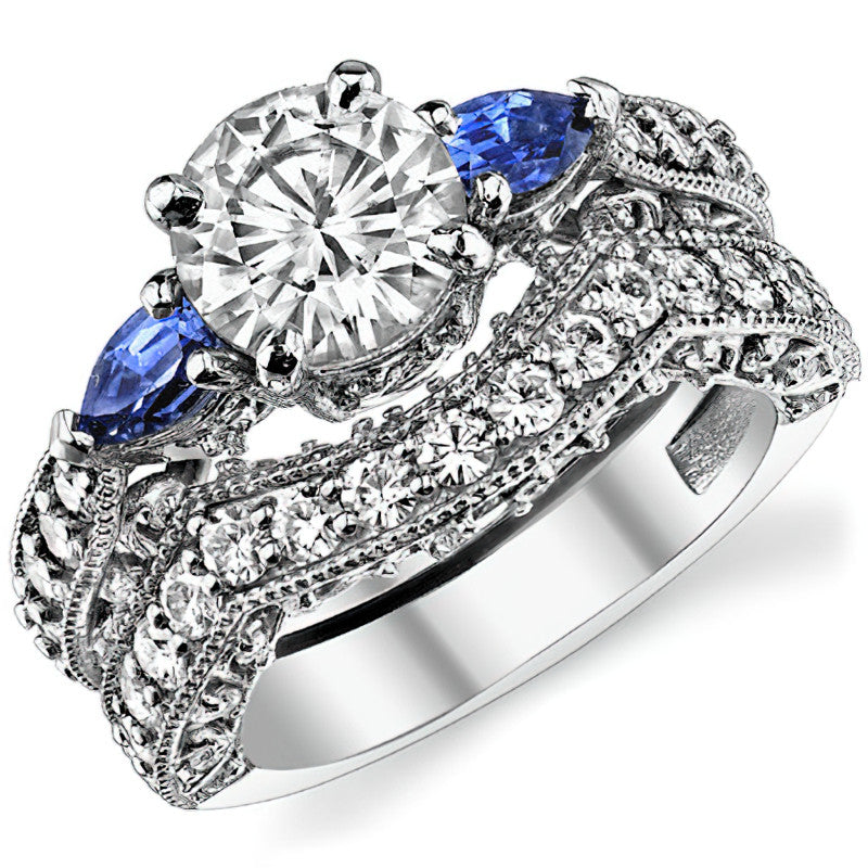 Round & Pear Sapphire Antique Moissanite Engagement Ring