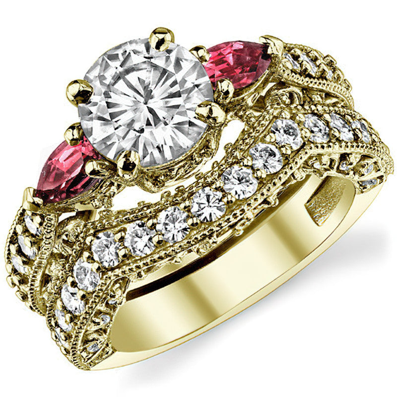 Round & Pear Sapphire Antique Moissanite Engagement Ring