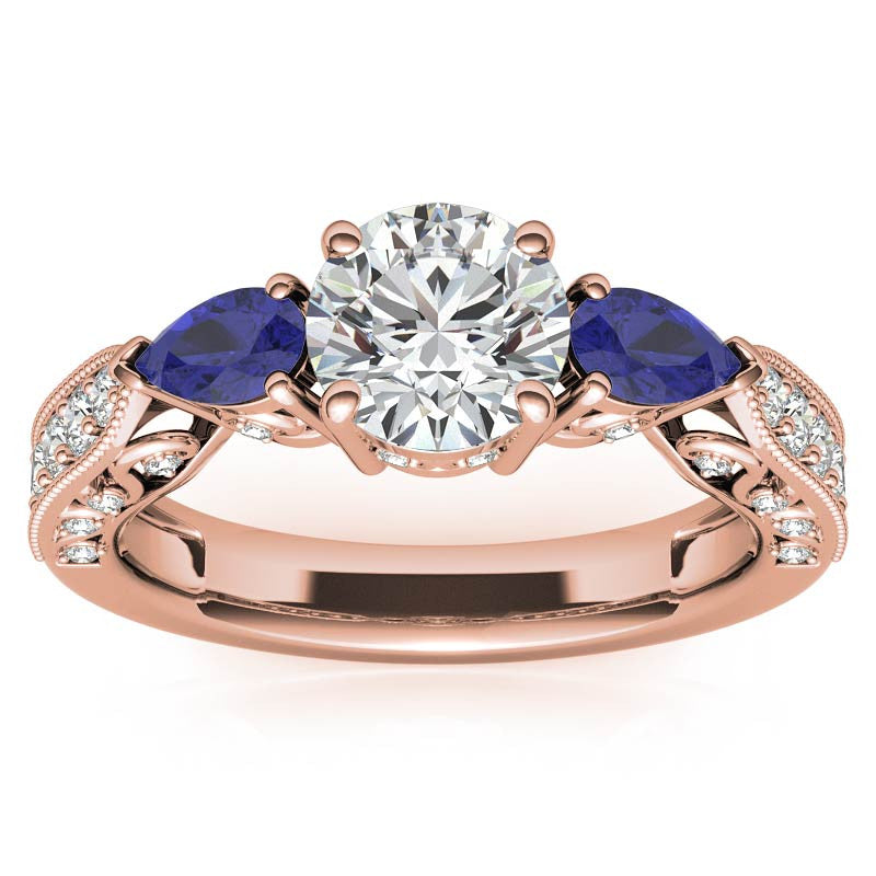 Round & Pear Sapphire Antique Moissanite Engagement Ring