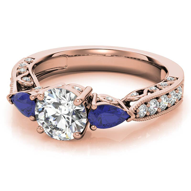 Round & Pear Sapphire Antique Moissanite Engagement Ring