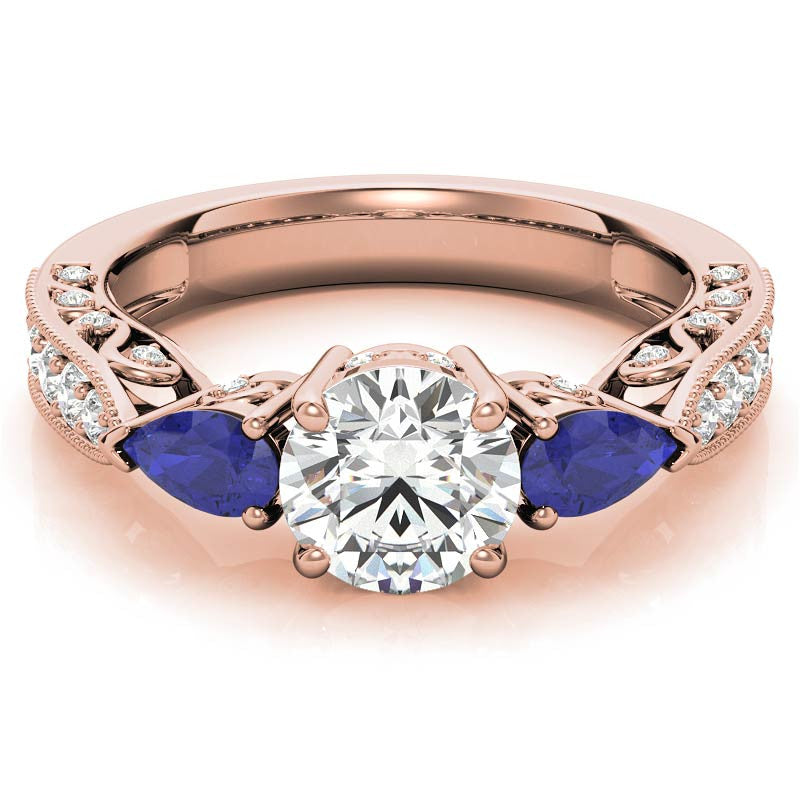 Round & Pear Sapphire Antique Moissanite Engagement Ring