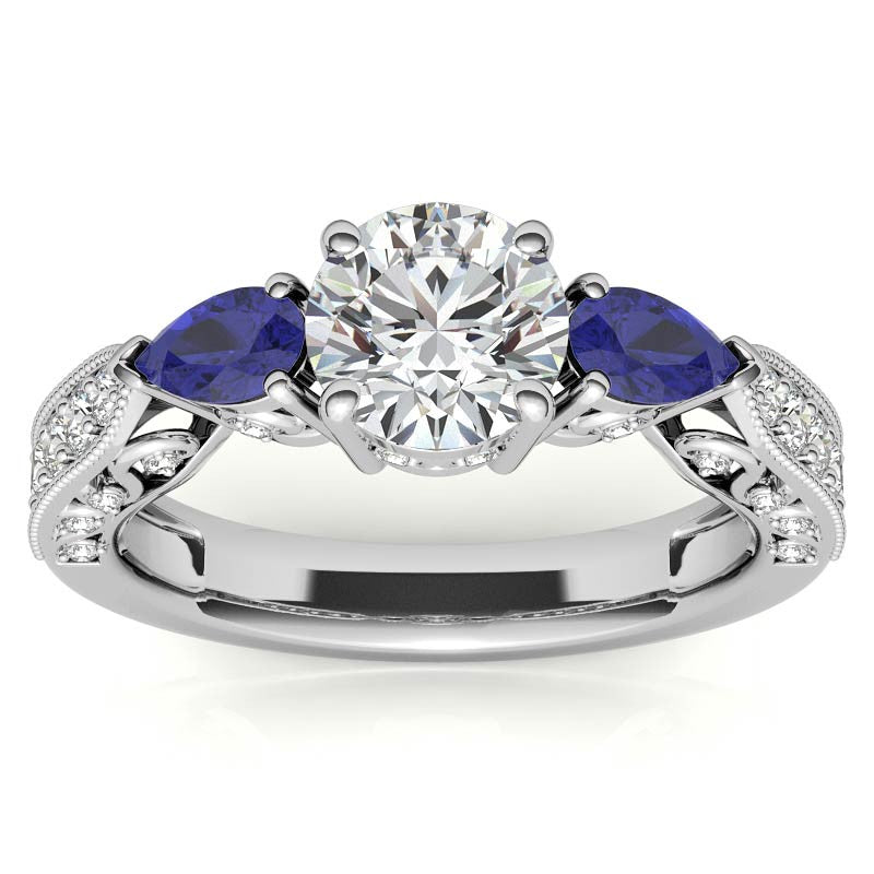 Round & Pear Sapphire Antique Moissanite Engagement Ring