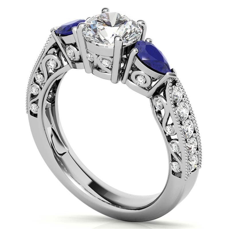 Round & Pear Sapphire Antique Moissanite Engagement Ring