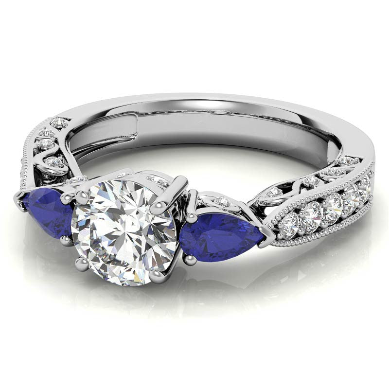 Round & Pear Sapphire Antique Moissanite Engagement Ring