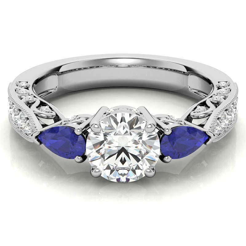 Round & Pear Sapphire Antique Moissanite Engagement Ring