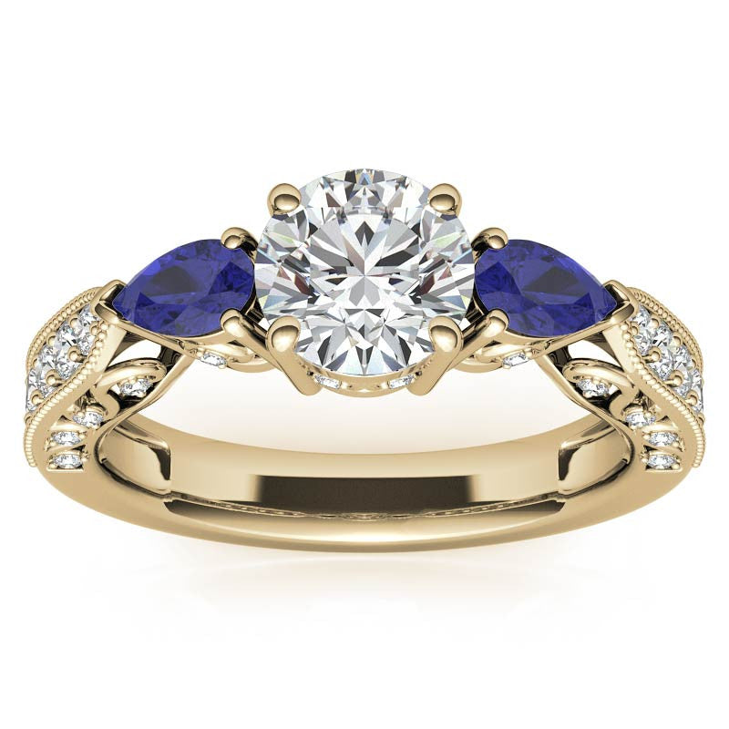 Round & Pear Sapphire Antique Moissanite Engagement Ring