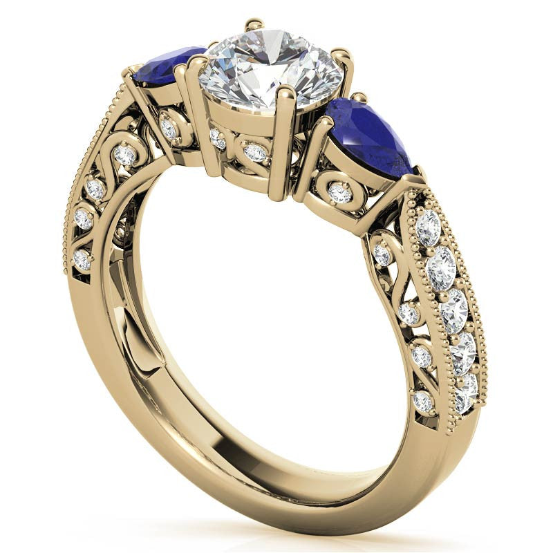 Round & Pear Sapphire Antique Moissanite Engagement Ring