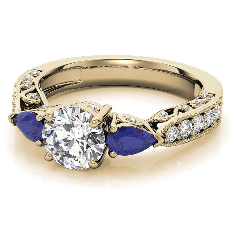 Round & Pear Sapphire Antique Moissanite Engagement Ring