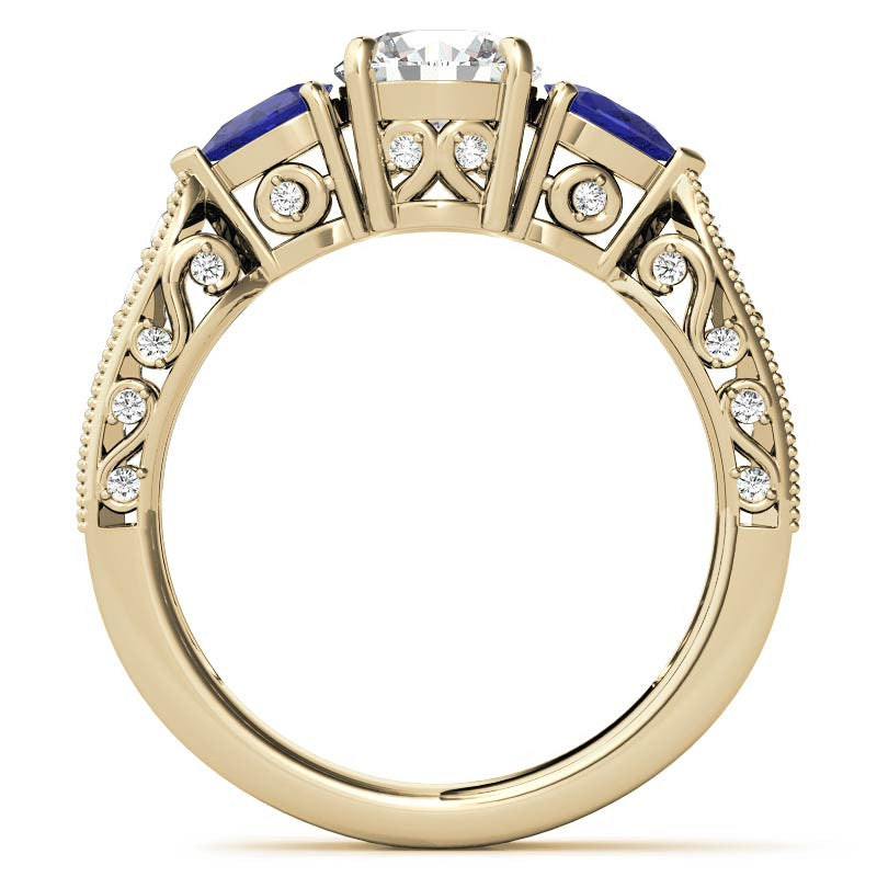Round & Pear Sapphire Antique Moissanite Engagement Ring