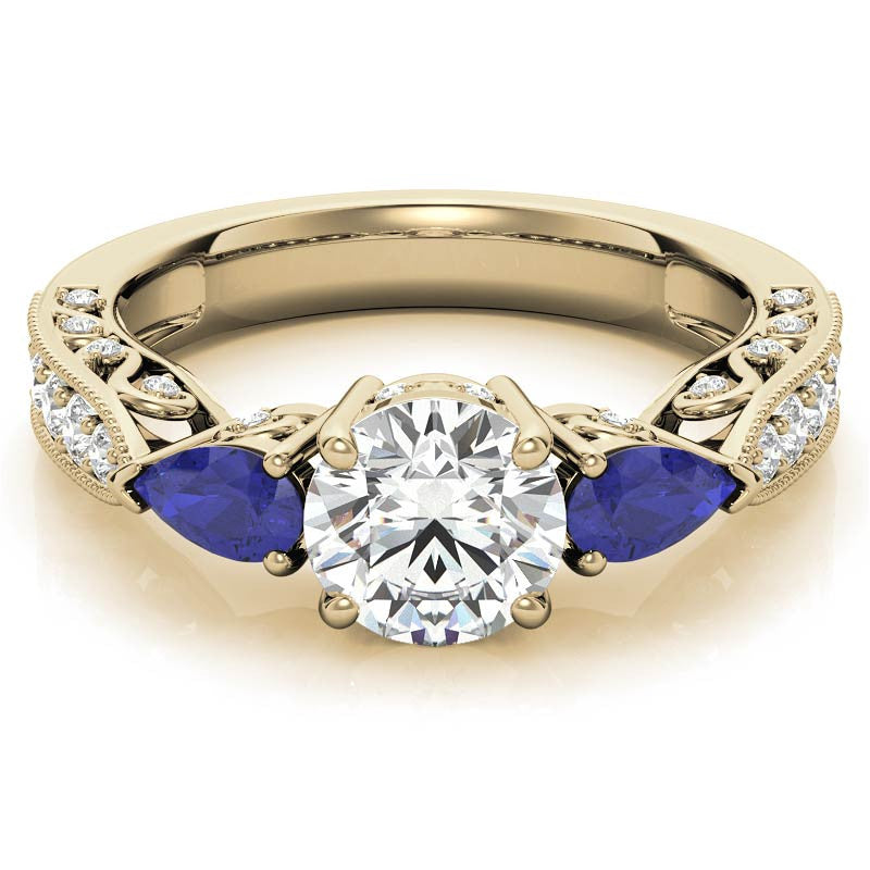 Round & Pear Sapphire Antique Moissanite Engagement Ring