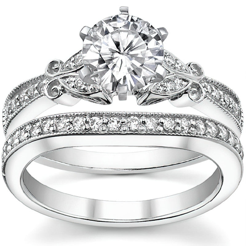 Round Brilliant Moissanite Antique Milgrain Engagement Ring Setting