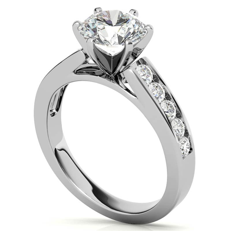 Round Brilliant Moissanite Cathedral Channel Engagement Ring, 0.60ct