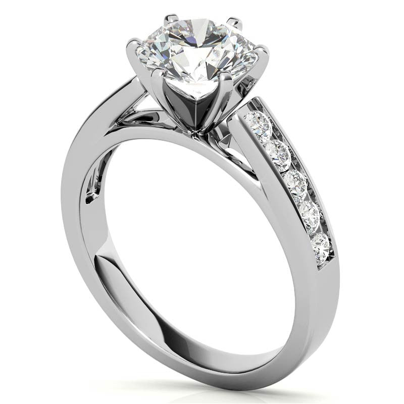 Round Brilliant Moissanite Cathedral Channel Engagement Ring, .30ct