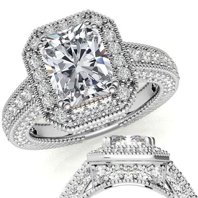 Antique Style Emerald / Radiant Halo Moissanite Engagement Ring