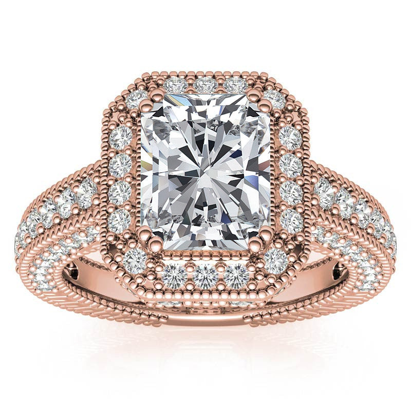 Antique Style Emerald / Radiant Halo Moissanite Engagement Ring