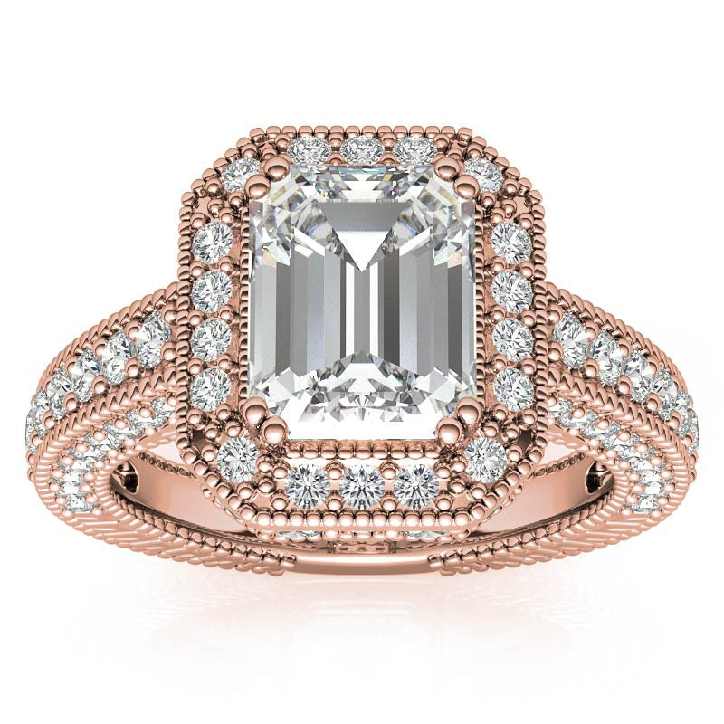 Antique Style Emerald / Radiant Halo Moissanite Engagement Ring