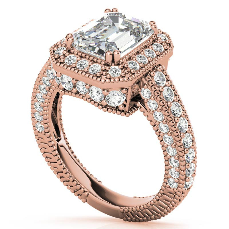 Antique Style Emerald / Radiant Halo Moissanite Engagement Ring