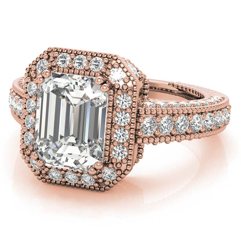 Antique Style Emerald / Radiant Halo Moissanite Engagement Ring