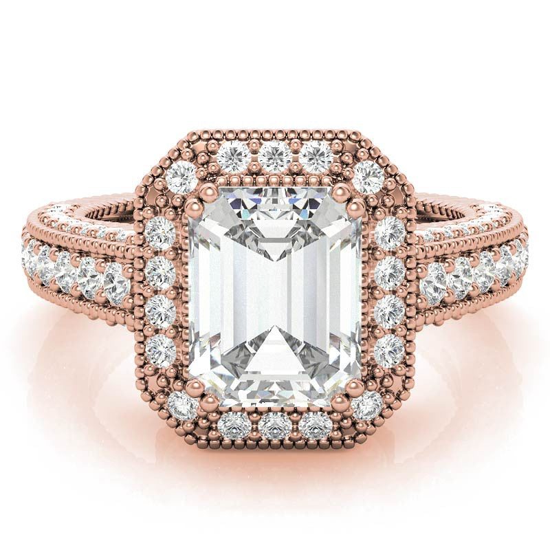 Antique Style Emerald / Radiant Halo Moissanite Engagement Ring