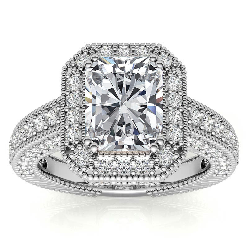 Antique Style Emerald / Radiant Halo Moissanite Engagement Ring