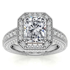 Antique Style Emerald / Radiant Halo Moissanite Engagement Ring