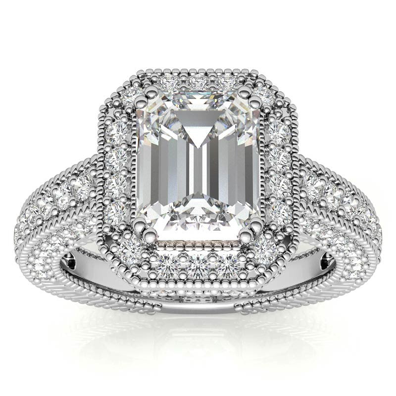 Antique Style Emerald / Radiant Halo Moissanite Engagement Ring
