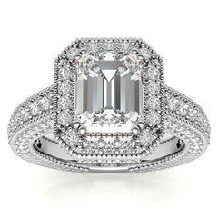 Antique Style Emerald / Radiant Halo Moissanite Engagement Ring