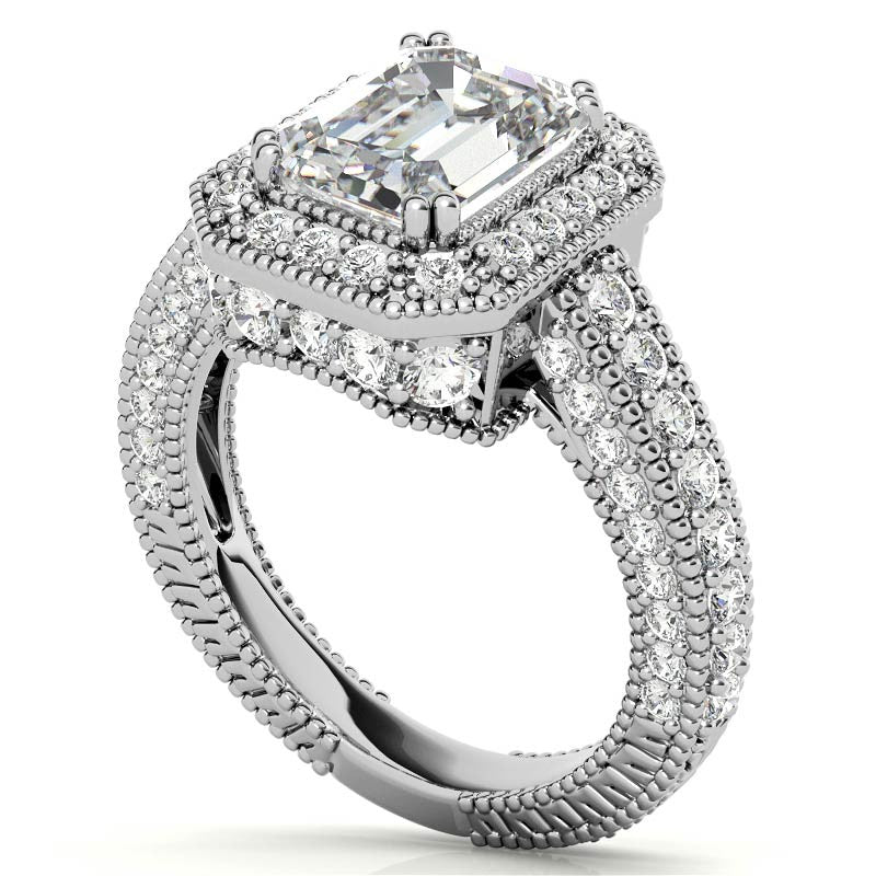 Antique Style Emerald / Radiant Halo Moissanite Engagement Ring