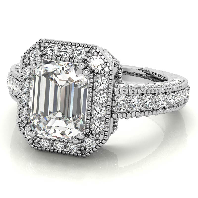 Antique Style Emerald / Radiant Halo Moissanite Engagement Ring