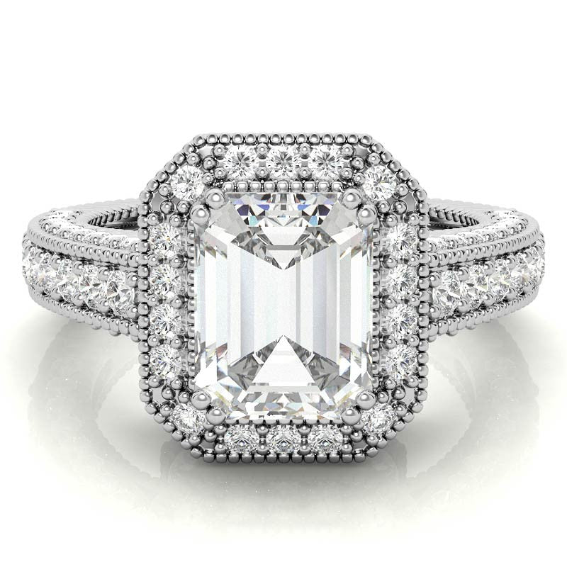 Antique Style Emerald / Radiant Halo Moissanite Engagement Ring