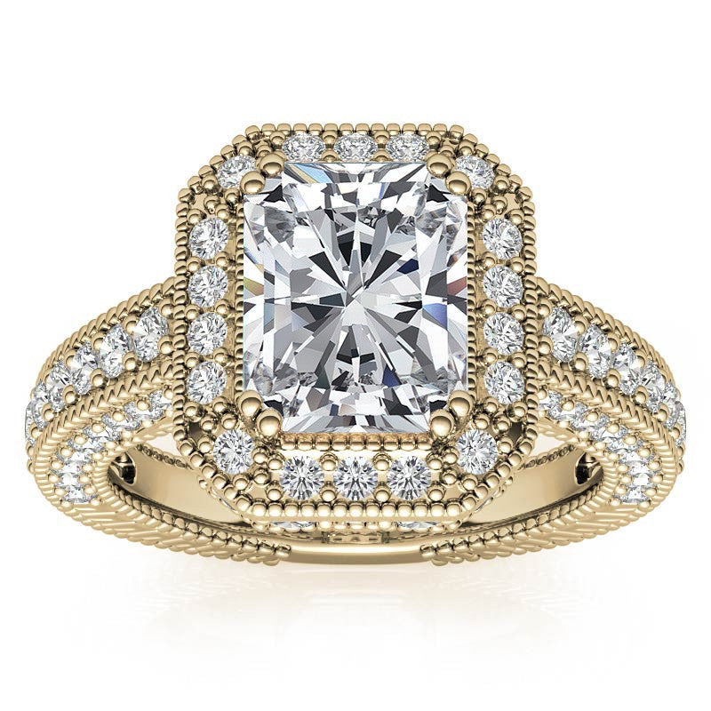 Antique Style Emerald / Radiant Halo Moissanite Engagement Ring