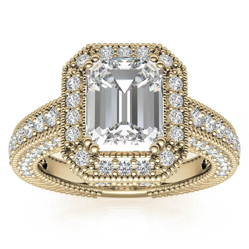 Antique Style Emerald / Radiant Halo Moissanite Engagement Ring