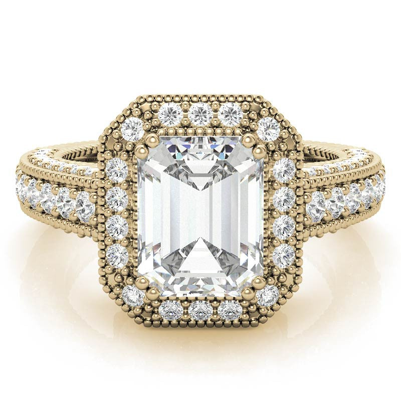 Antique Style Emerald / Radiant Halo Moissanite Engagement Ring