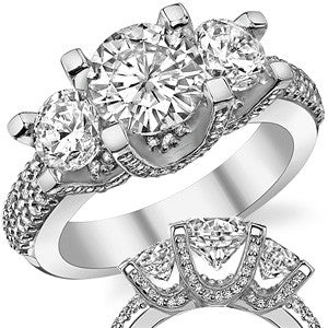 Pave Designer Style Three-Stone Moissanite Engagement Ring