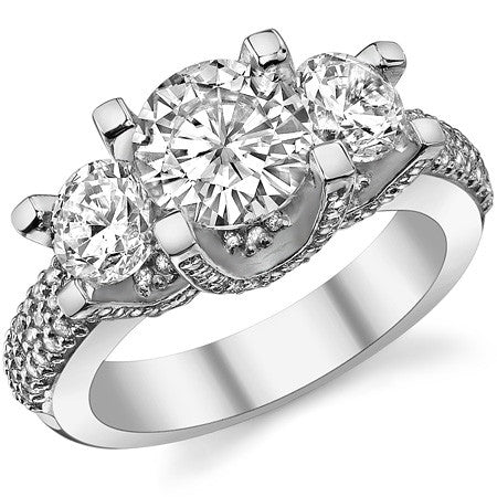 Pave Designer Style Three-Stone Moissanite Engagement Ring