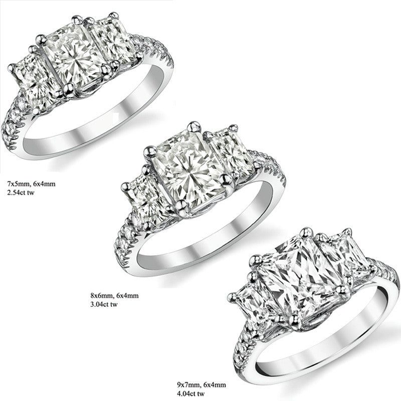 Three-Stone Radiant/Emerald Trellis Moissanite Engagement Ring
