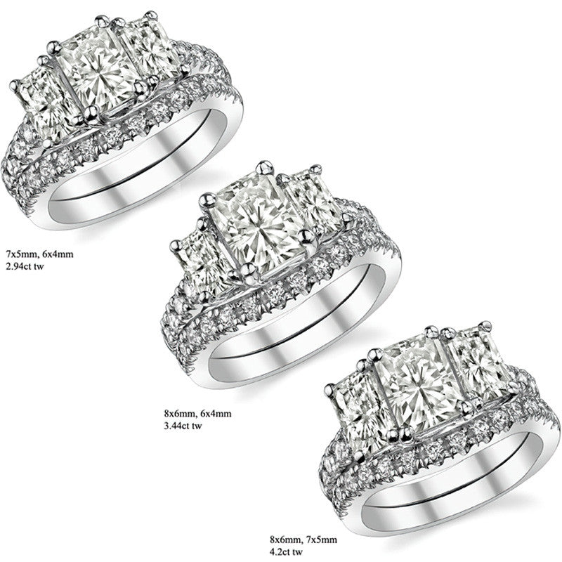 Three-Stone Radiant/Emerald Trellis Moissanite Engagement Ring