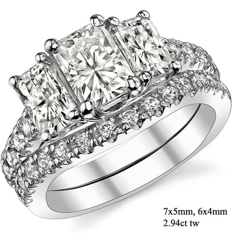 Three-Stone Radiant/Emerald Trellis Moissanite Engagement Ring