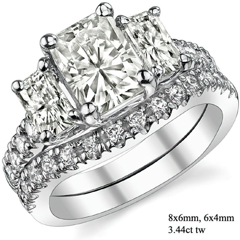 Three-Stone Radiant/Emerald Trellis Moissanite Engagement Ring